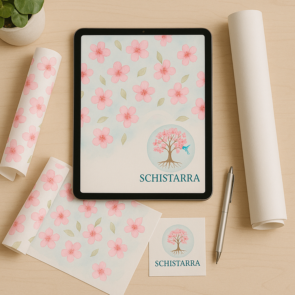 Workspace with craft tools and laptop showing digital patterns for vinyl, sublimation, and DTF projects.