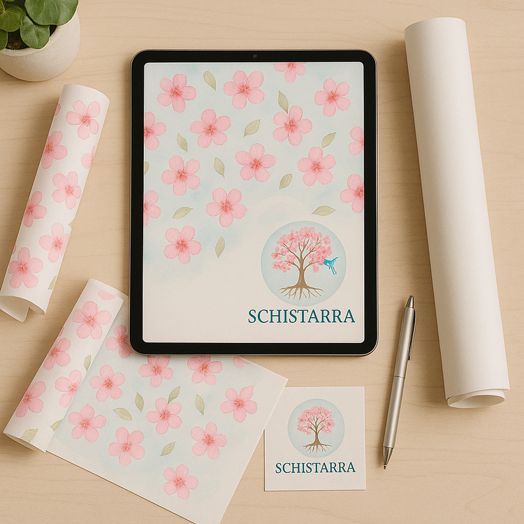 Workspace with craft tools and laptop showing digital patterns for vinyl, sublimation, and DTF projects.