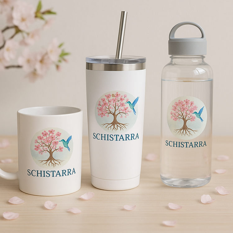 Custom mugs, tumblers, and bottles from Schistarra drinkware collection.