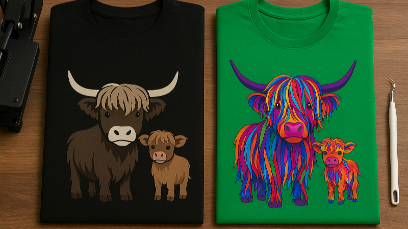 Folded DTF and vinyl printed T-shirt with name and graphic design, placed beside heat press and weeding tools on wooden surface.